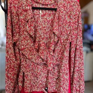 Max Studio Red Floral Ruffle Blouse